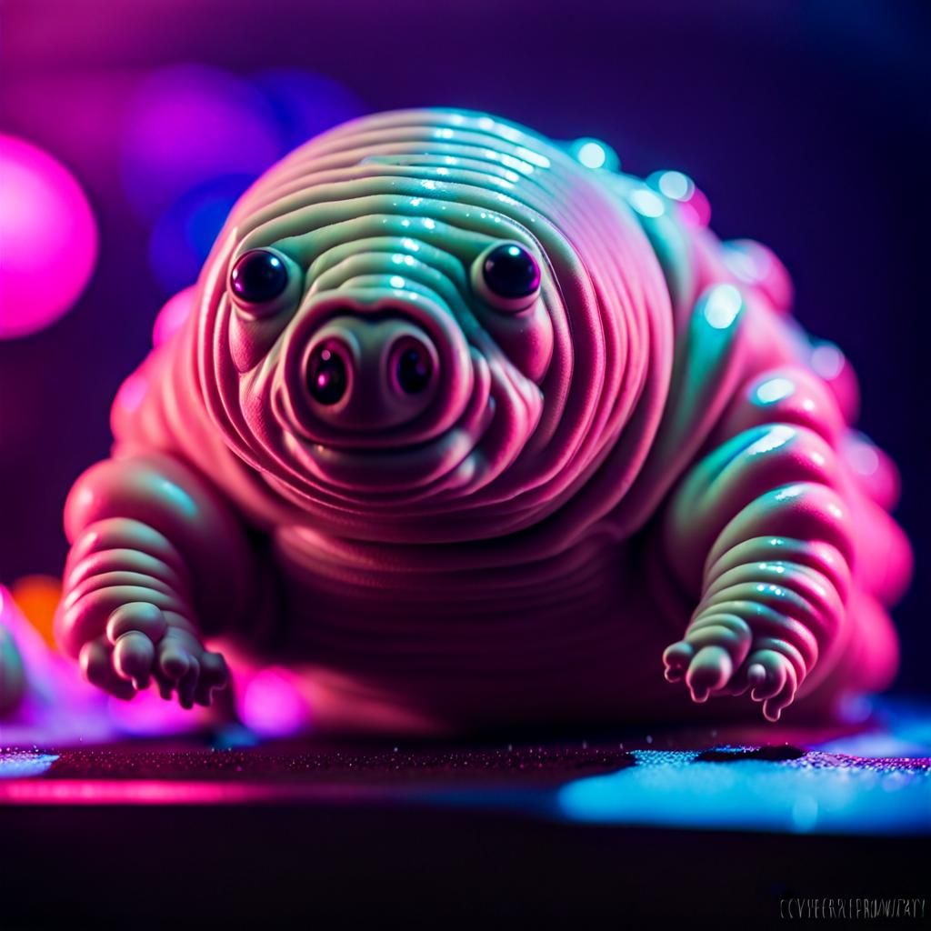 macro photography of a cute adorable tardigrade at a cyberpu...