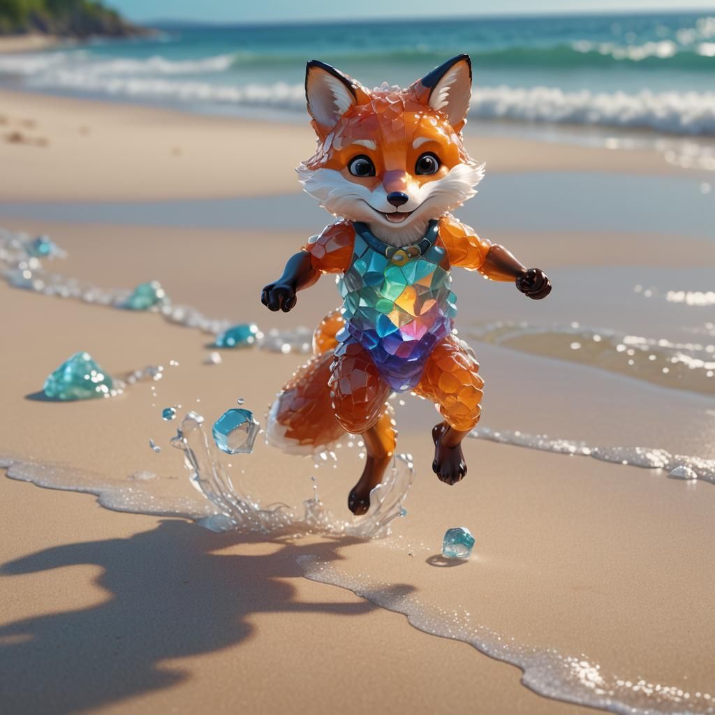 Cute Crystal Fox on Beach: 3D Digital Art