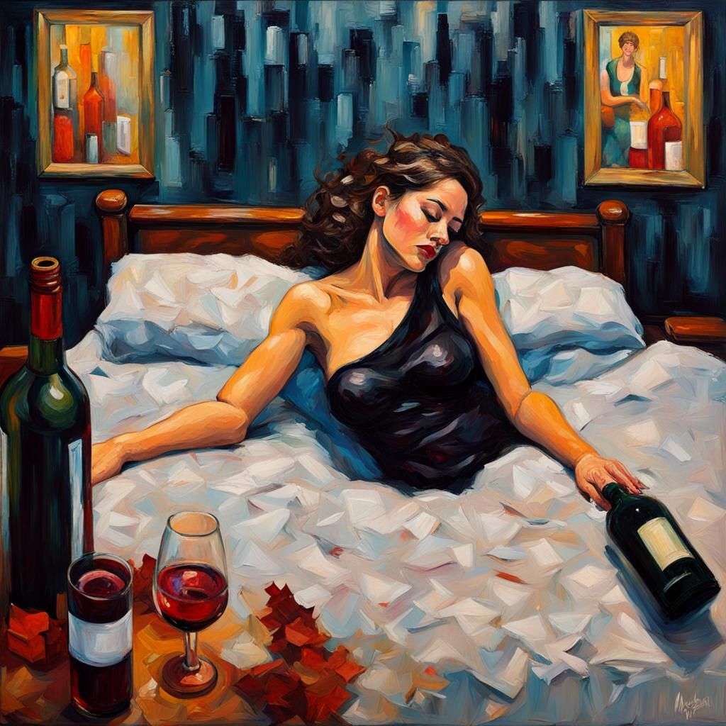 Melancholy Woman with Wine Bottle, Expressionist Oil Paintin...