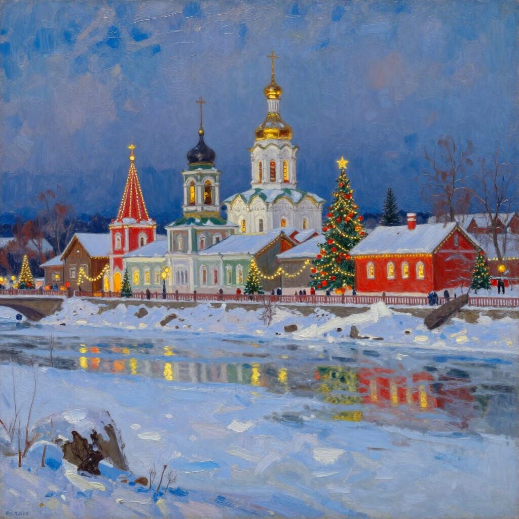 Winter Monastery on Frozen River with Christmas Lights