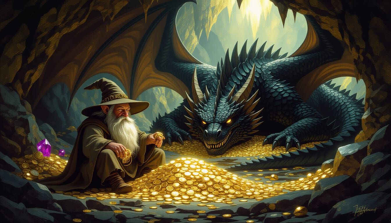 Hobbit Guarding Dragon's Gold in Cave, Fantasy Oil Painting