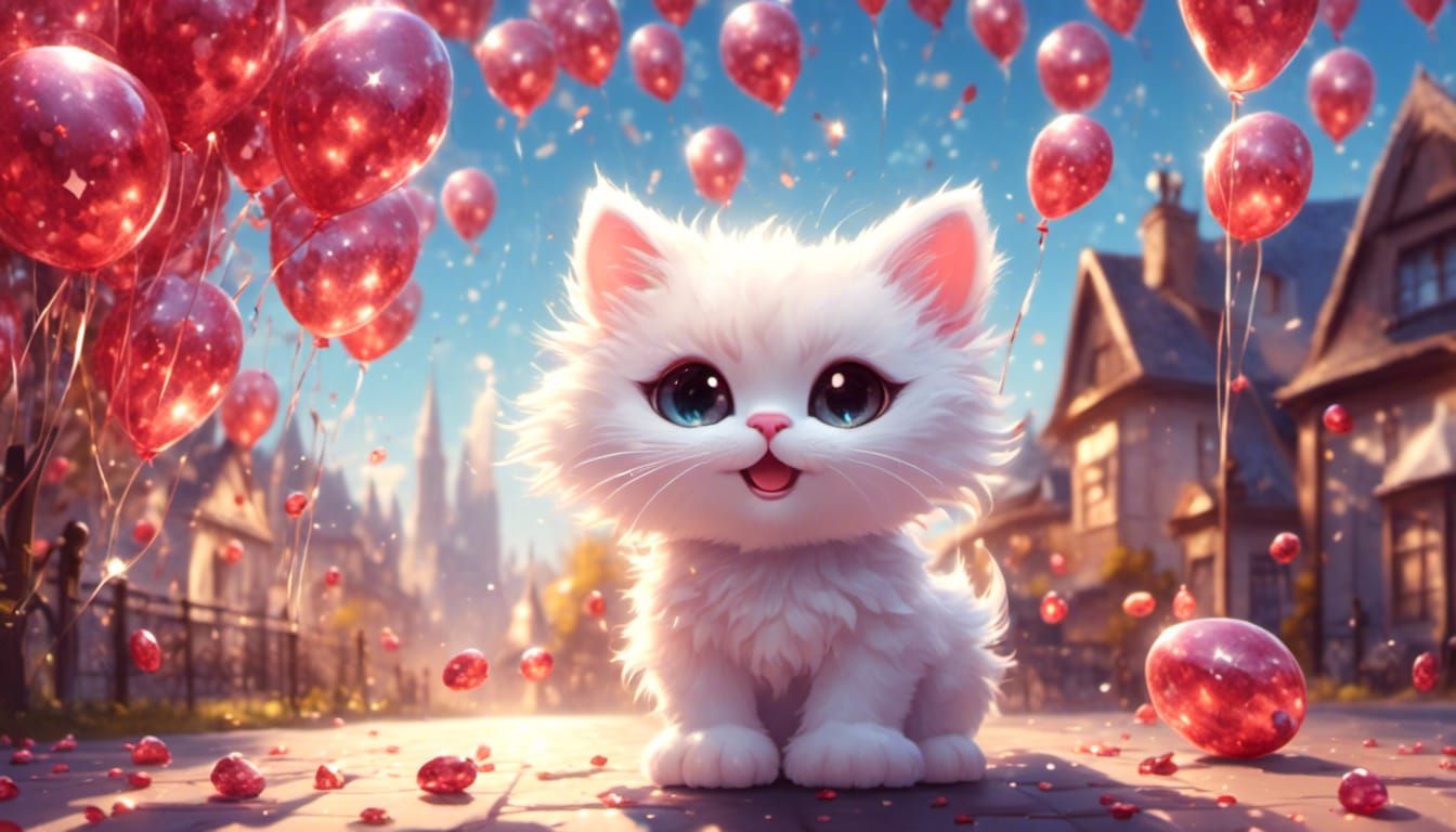 <lora:eye:1.0> <lora:Glitter and Diamonds:1.0> Vibrant detailed adorable chibi happy cat on a sunny day Ruby glowing eas...