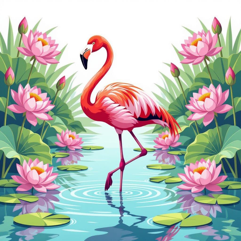 Pink Flamingo Among Lotus Flowers in Vector Style