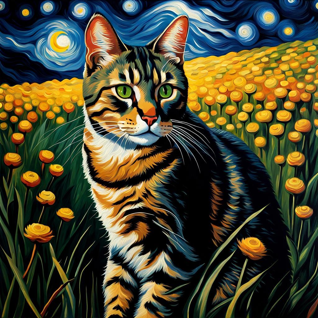 Tabby Cat Under Starry Night Sky: Van Gogh Style