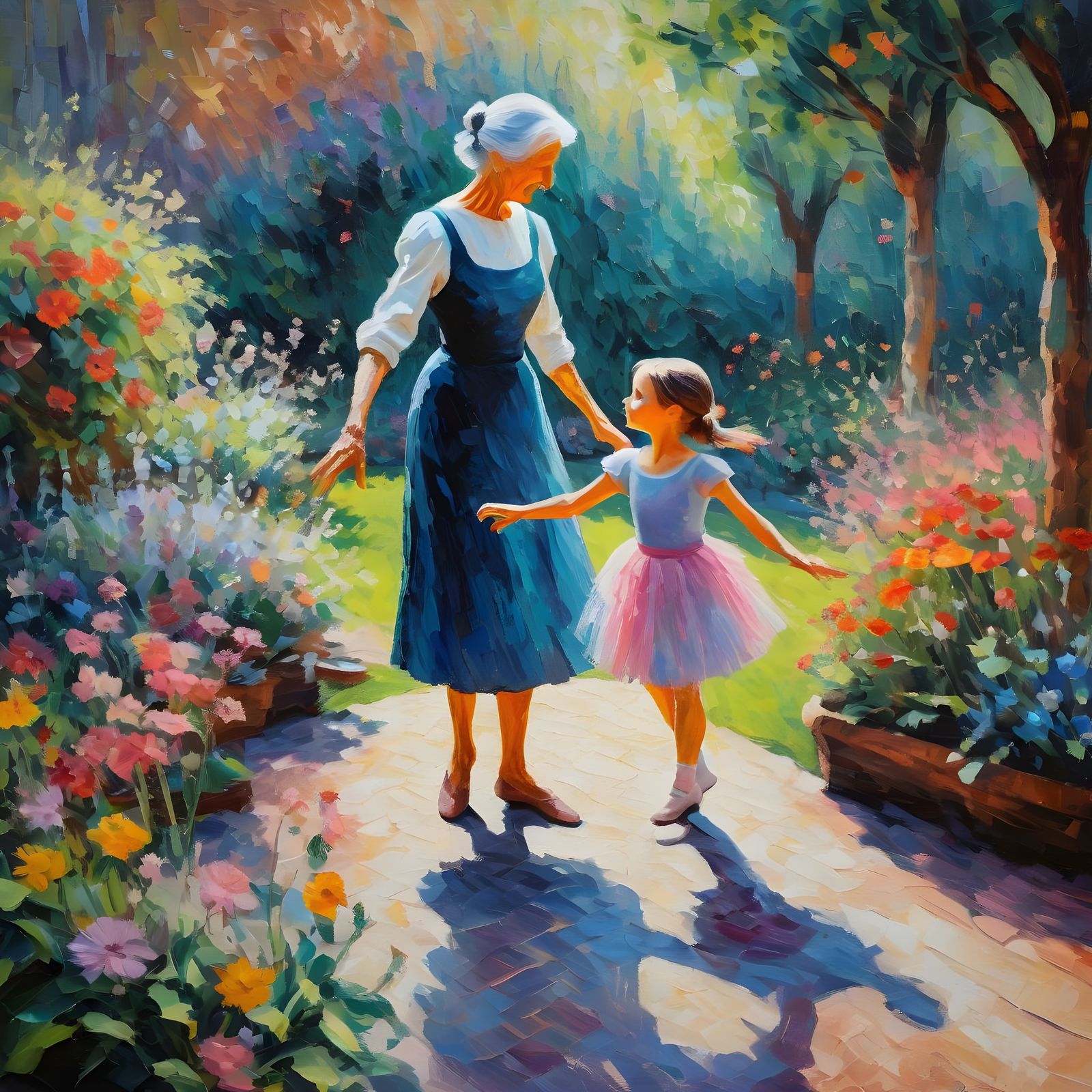 Ballet in Garden: Neo-Impressionist Oil Painting