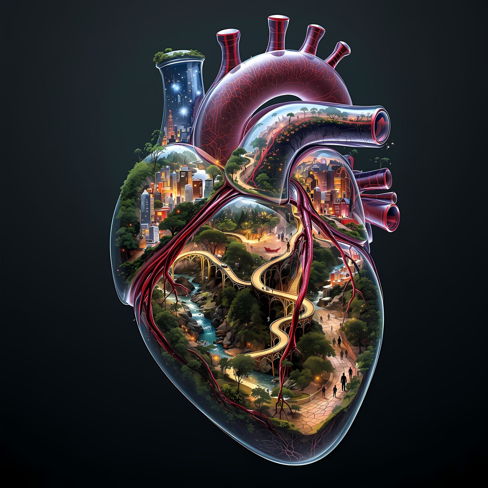 Surreal Heart Containing Miniature Cities and Natural Landsc...