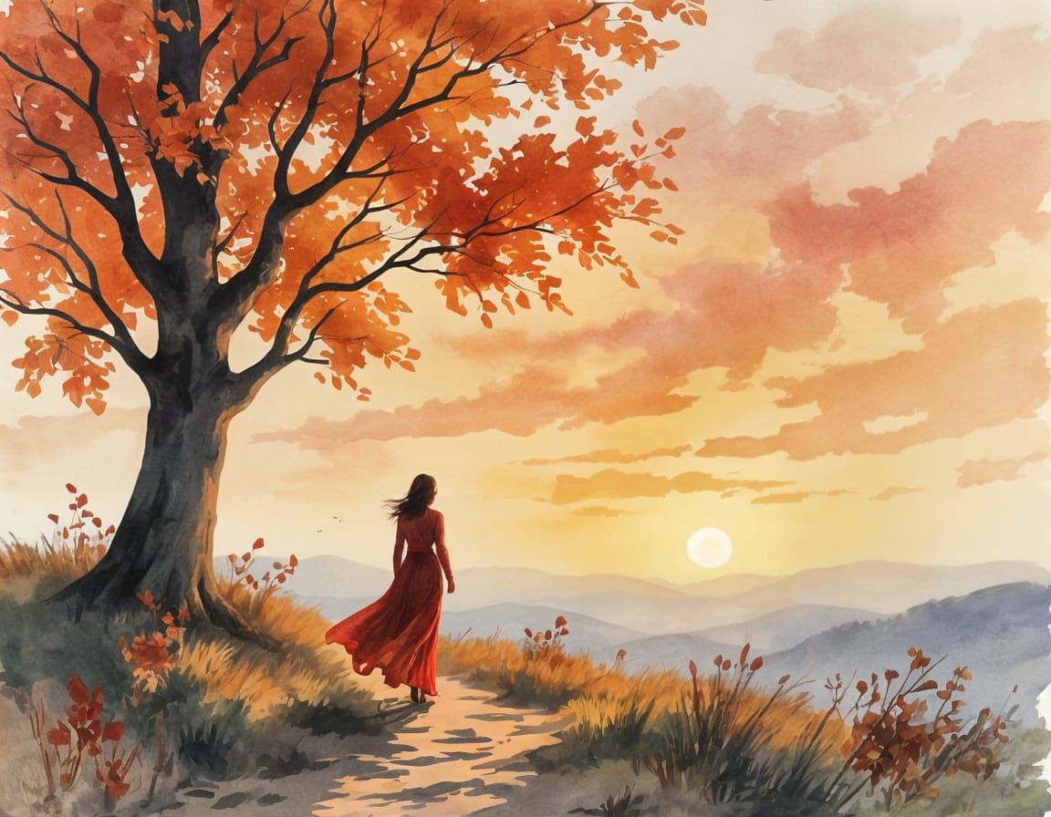 Autumn Watercolor Painting of Woman in Crimson Drifting on W...