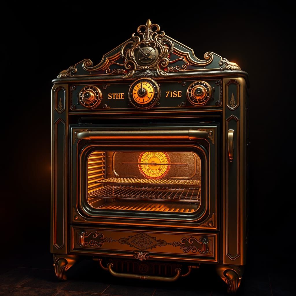Surreal Retro-Futuristic Oven with Golden Lighting