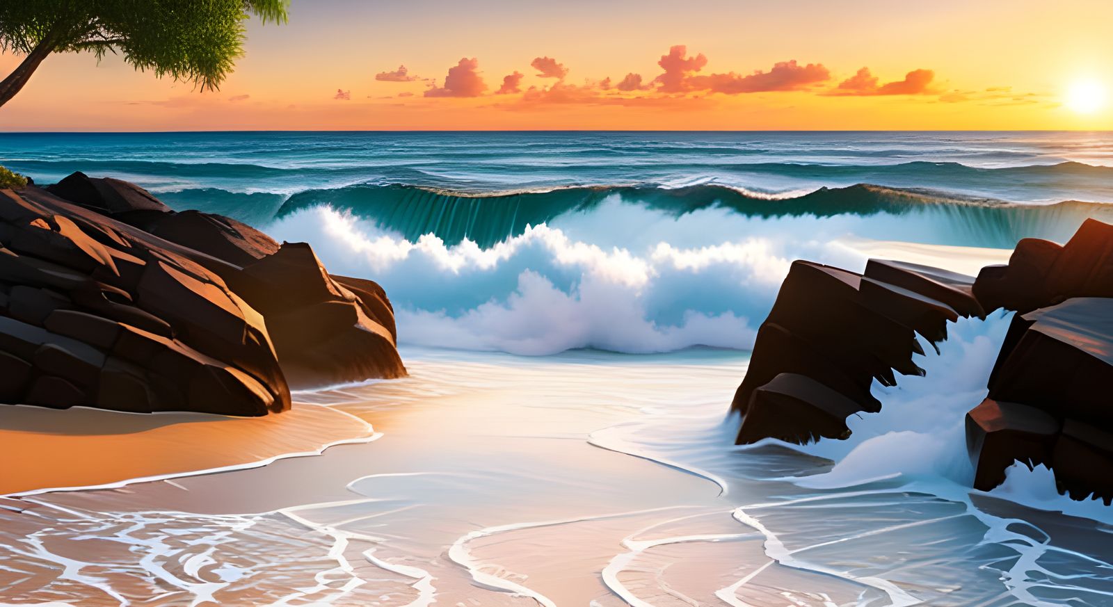 Hyperrealistic Tropical Beach Sunset with Crashing Waves