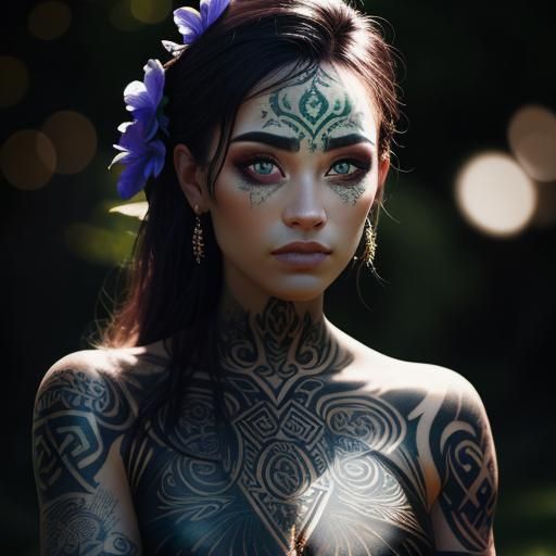 Stunning Celtic lovely eye iris entirely covered with traditional Celtic tattoos. Beautiful bokeh and Chiaroscuro. Soft ...