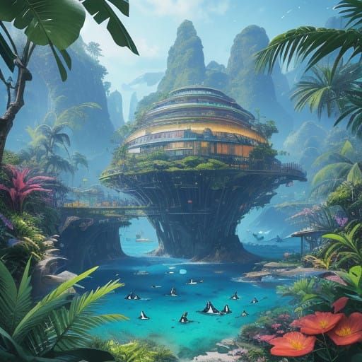 Fantastical Garden of Eden with Penguins and Futuristic Tech