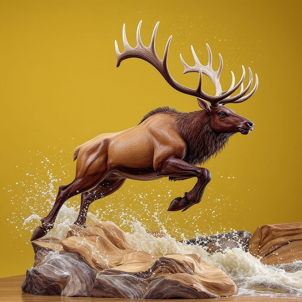 Majestic Elk Wood Carving Mid-Leap