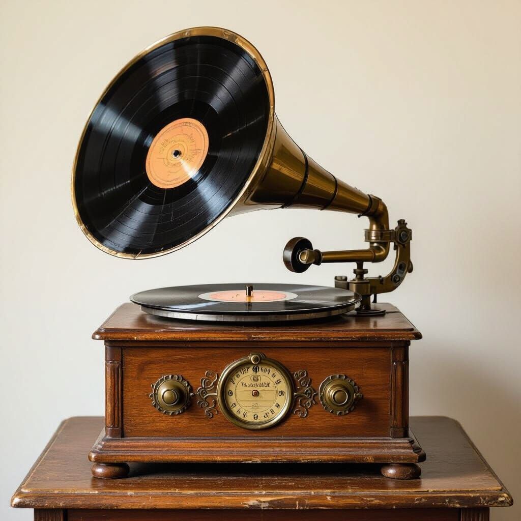 Vintage Gramophone Plays Nostalgic Vinyl Records