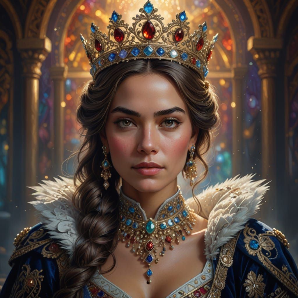 Regal Woman Portrait in Ornate Crown and Royal Attire