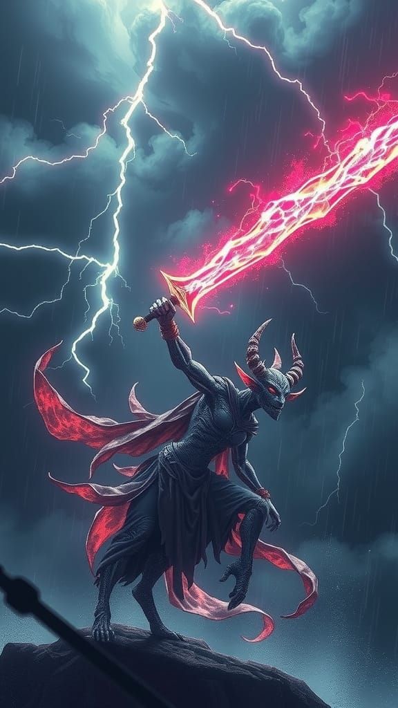 Storm Elemental Wields Lightning Sword in Turbulent Skies
