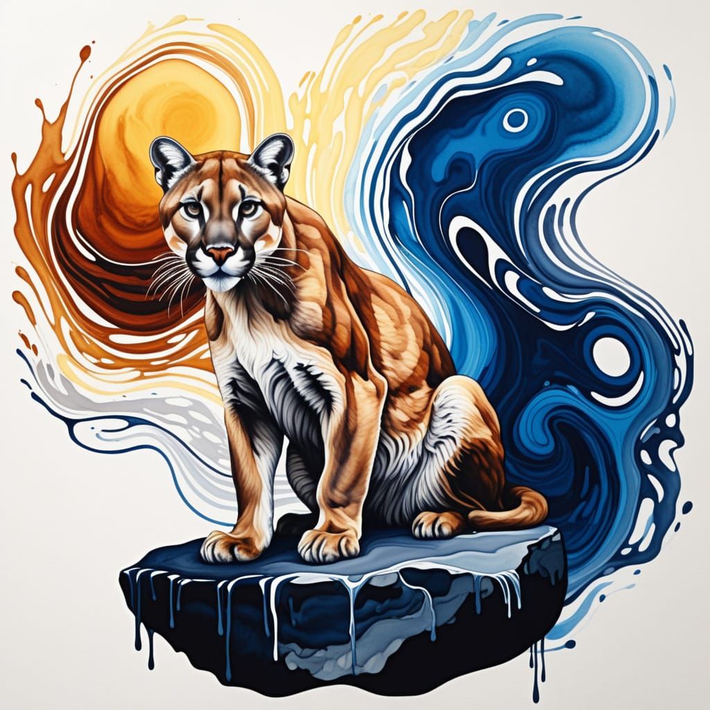 Cougar sitting on top of a large rock.