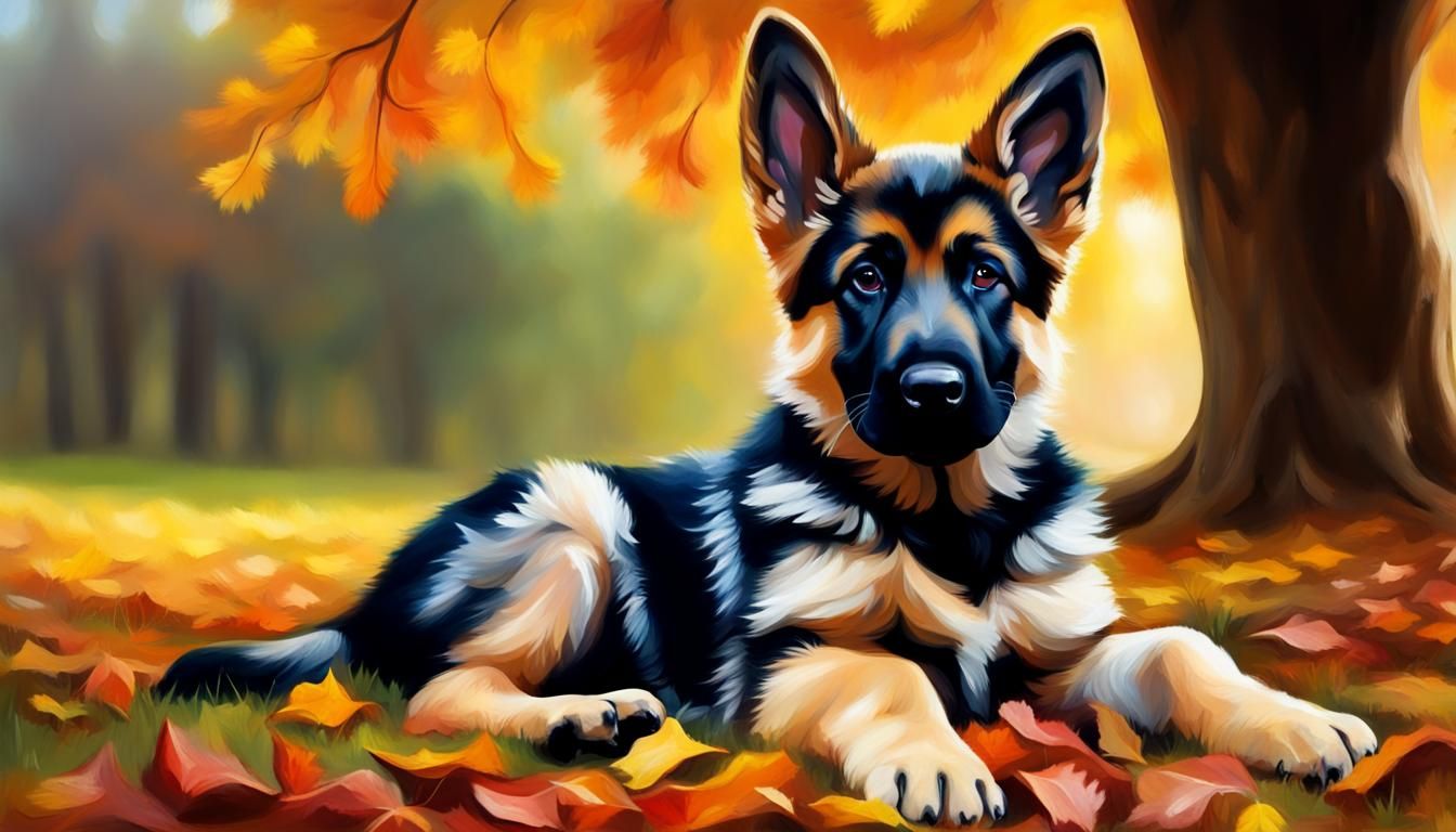 German Shepherd Puppy in Autumn Oil Painting