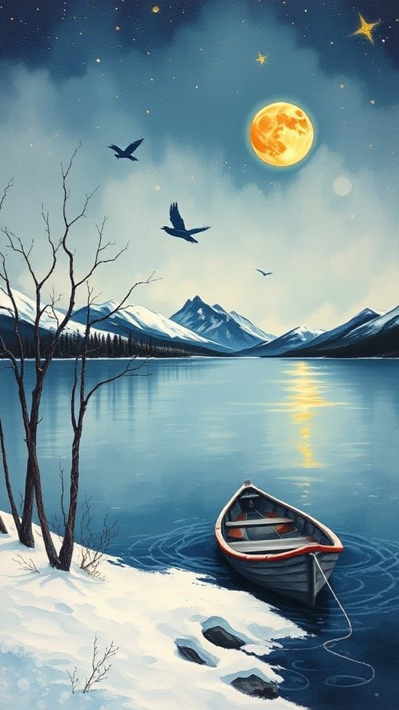 Whimsical Snowy Landscape with Barren Trees and Abandoned Bo...