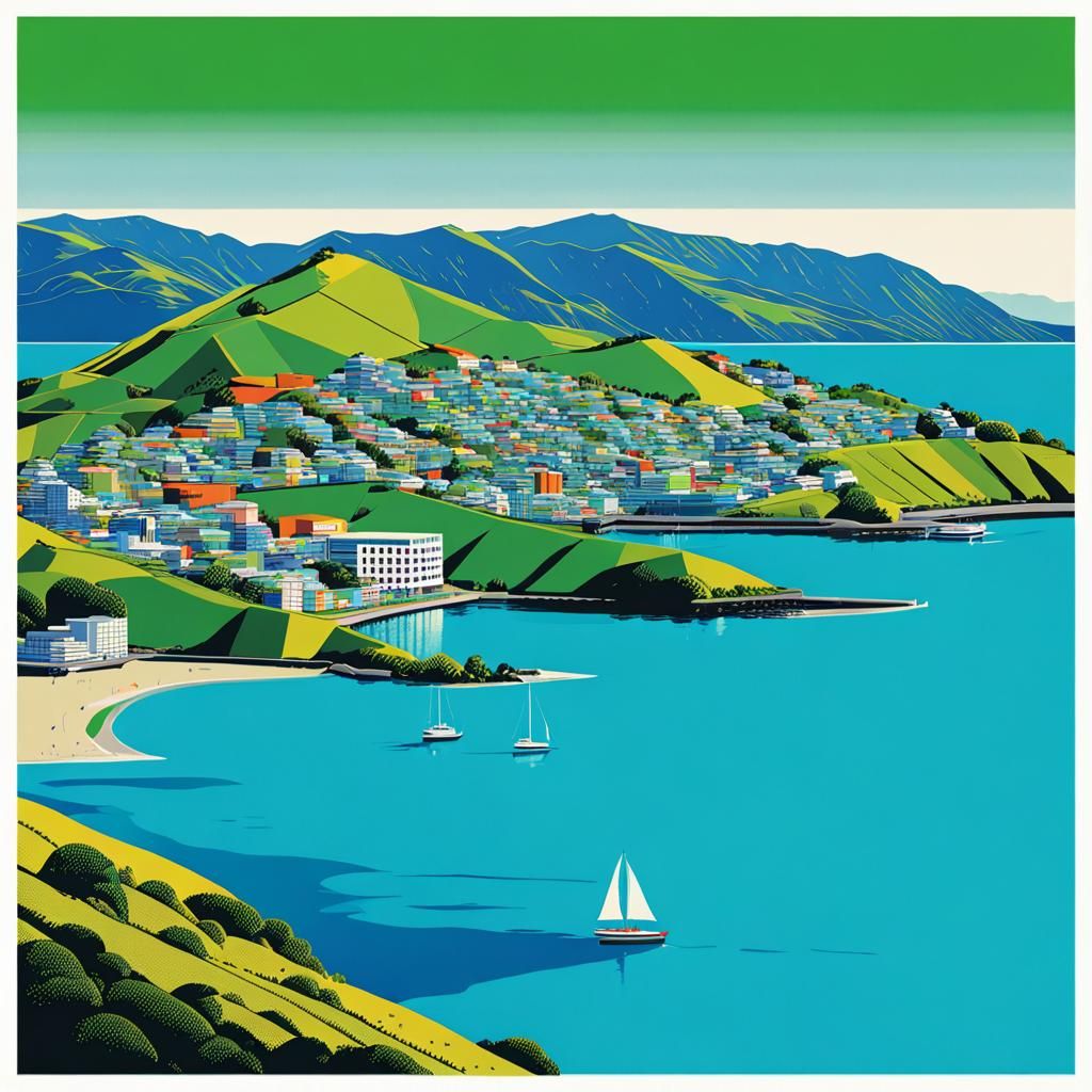 Green Hills Meet Blue Sea in a Geometric Bauhaus Style Print
