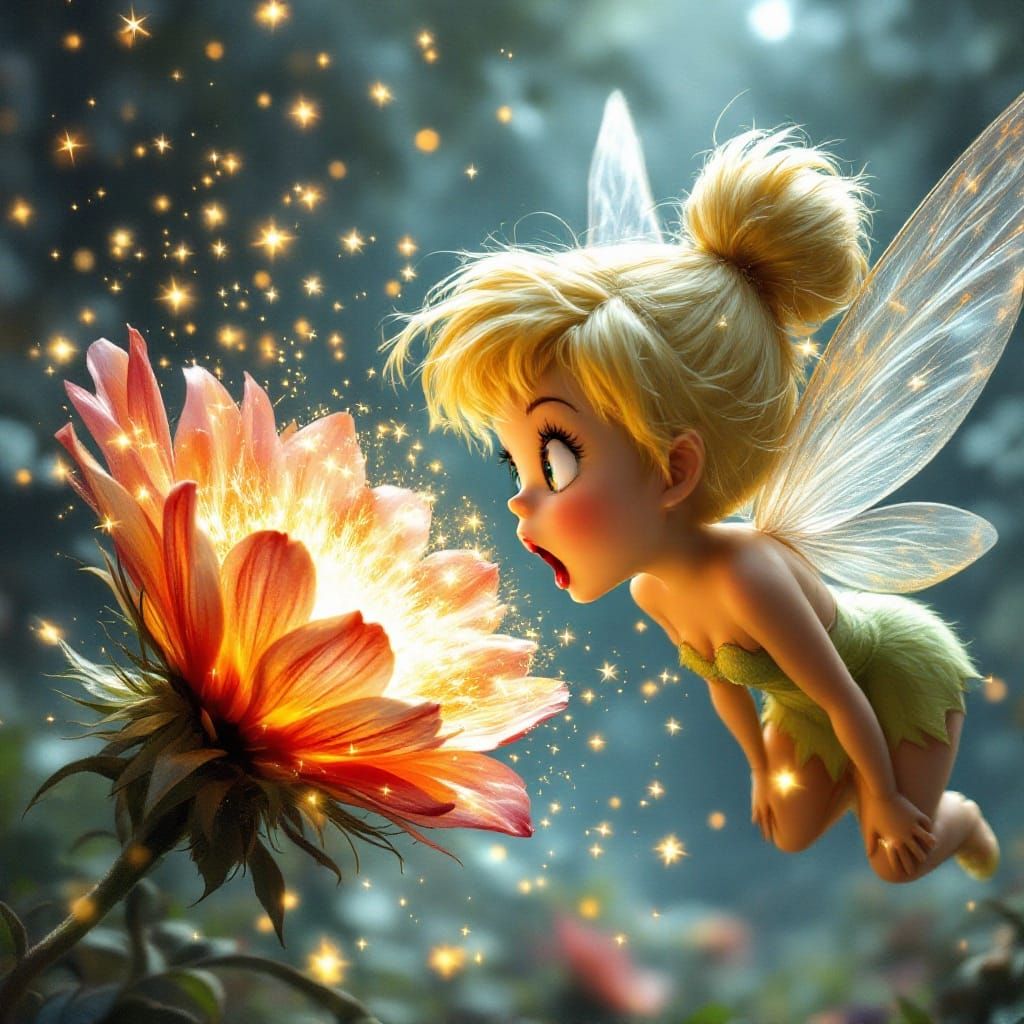 Tinkerbell Stunned by a Vibrant, 3D-Rendered Flower Explosio...
