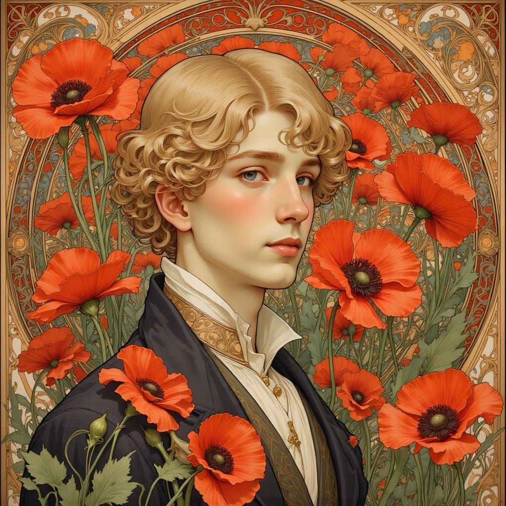 Art Nouveau Man with Poppies