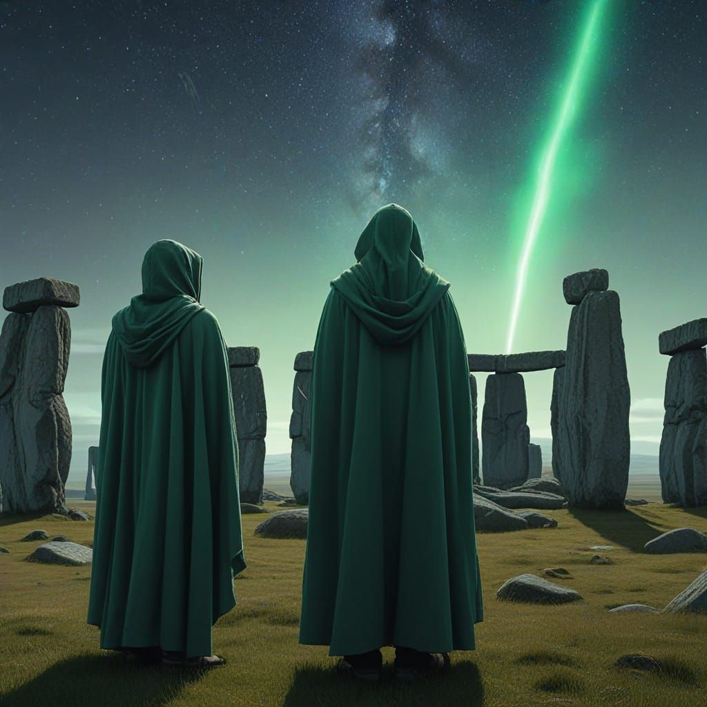 Mystical Druids Before Stonehenge Amidst Celestial Wonders i...
