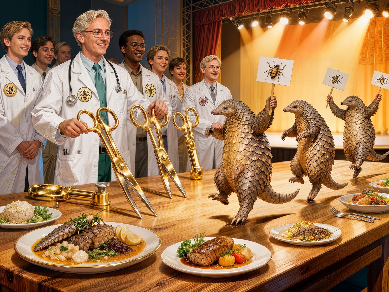 Pangolin Protestors Presenting Gold Tools to Insect Doctors