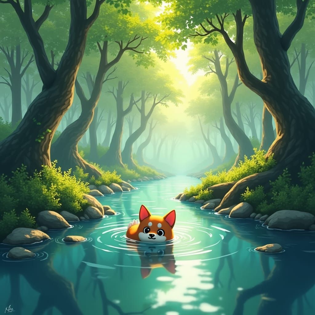 Dog Swimming in Creek: 3D Anime Watercolor