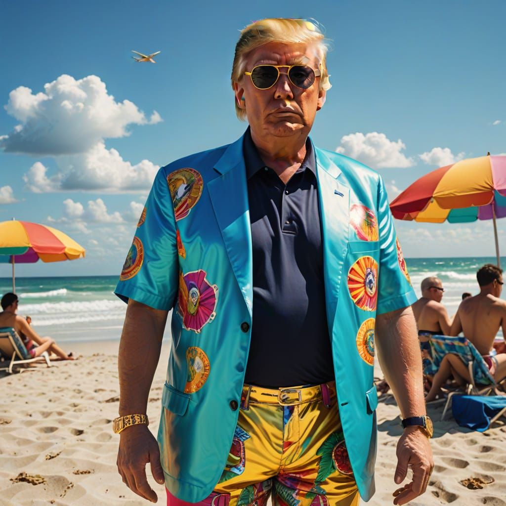 Gaudy Beachside Politician in Vibrant Digital Art