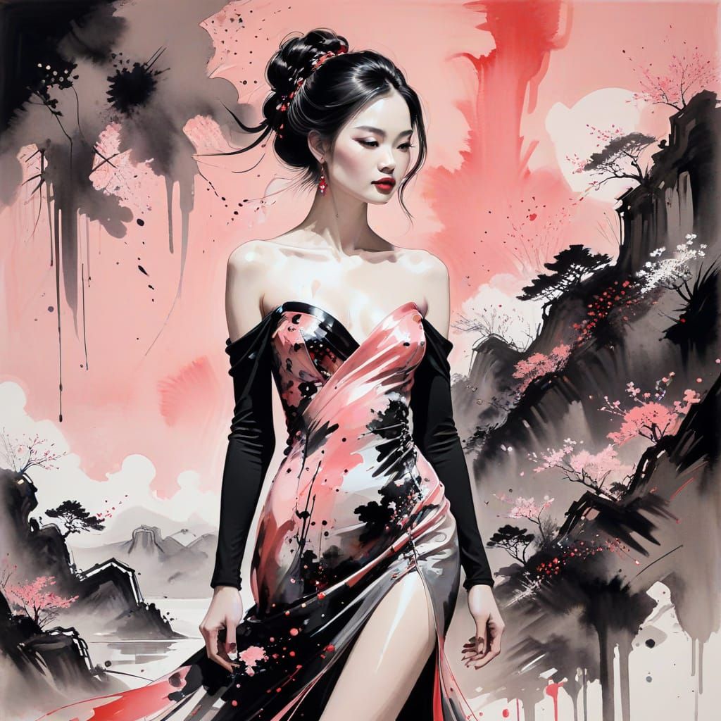 Model on Catwalk in Chinese Ink Painting Style