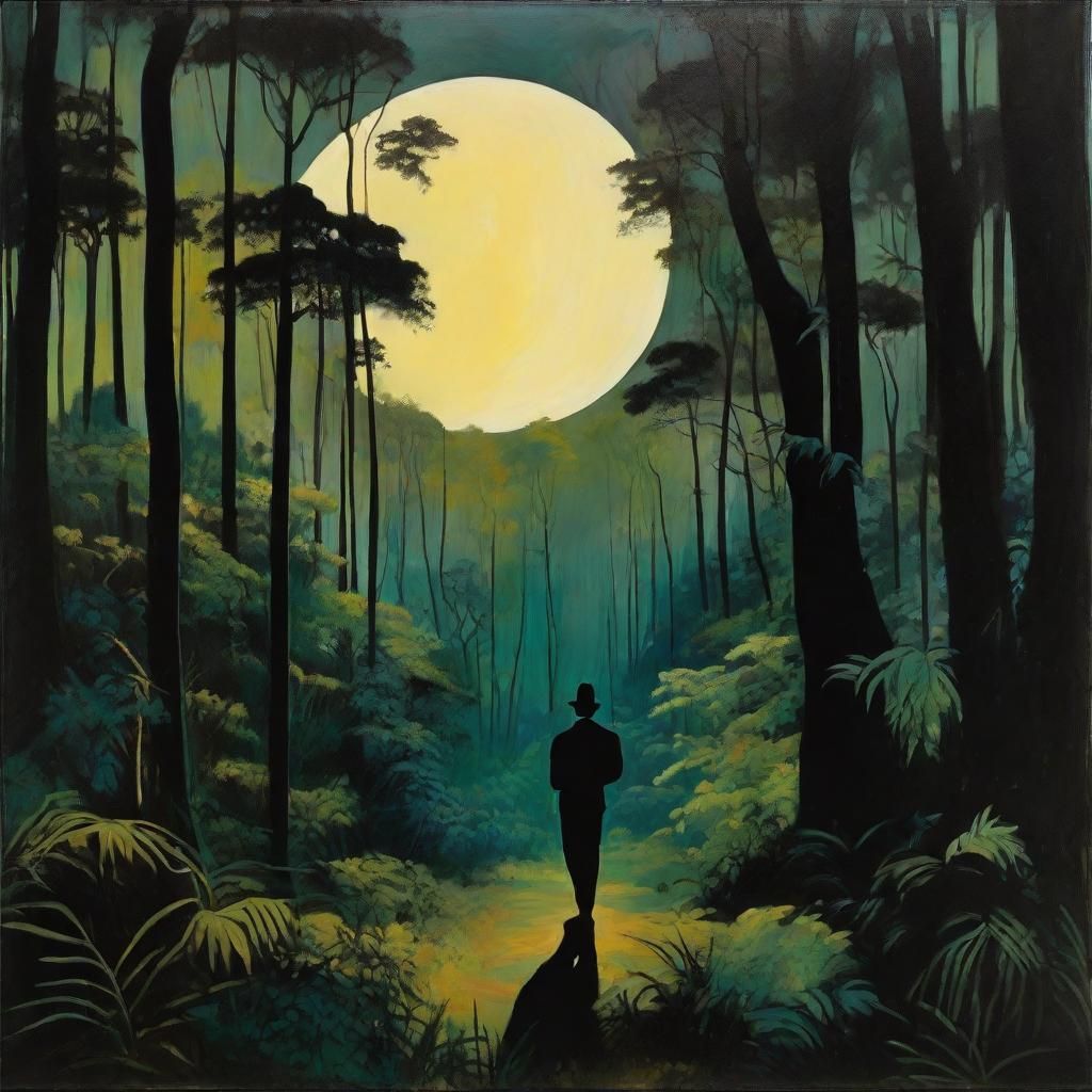Moody Rainforest Man: Surreal Landscape Painting