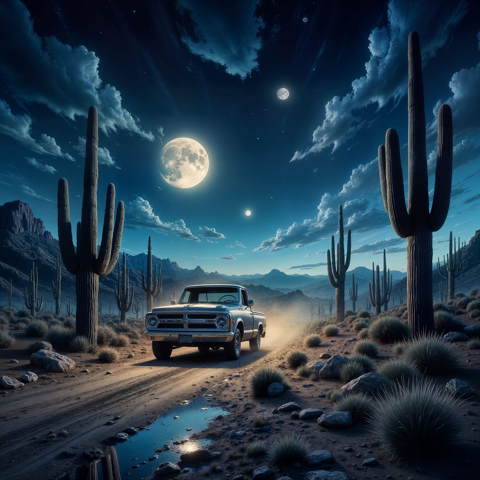 Pickup Truck in Arizona Desert Under Moon