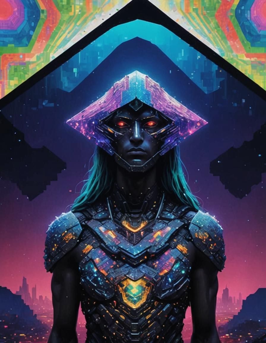 Pixelated Armor in Surreal Neofuturistic Landscape