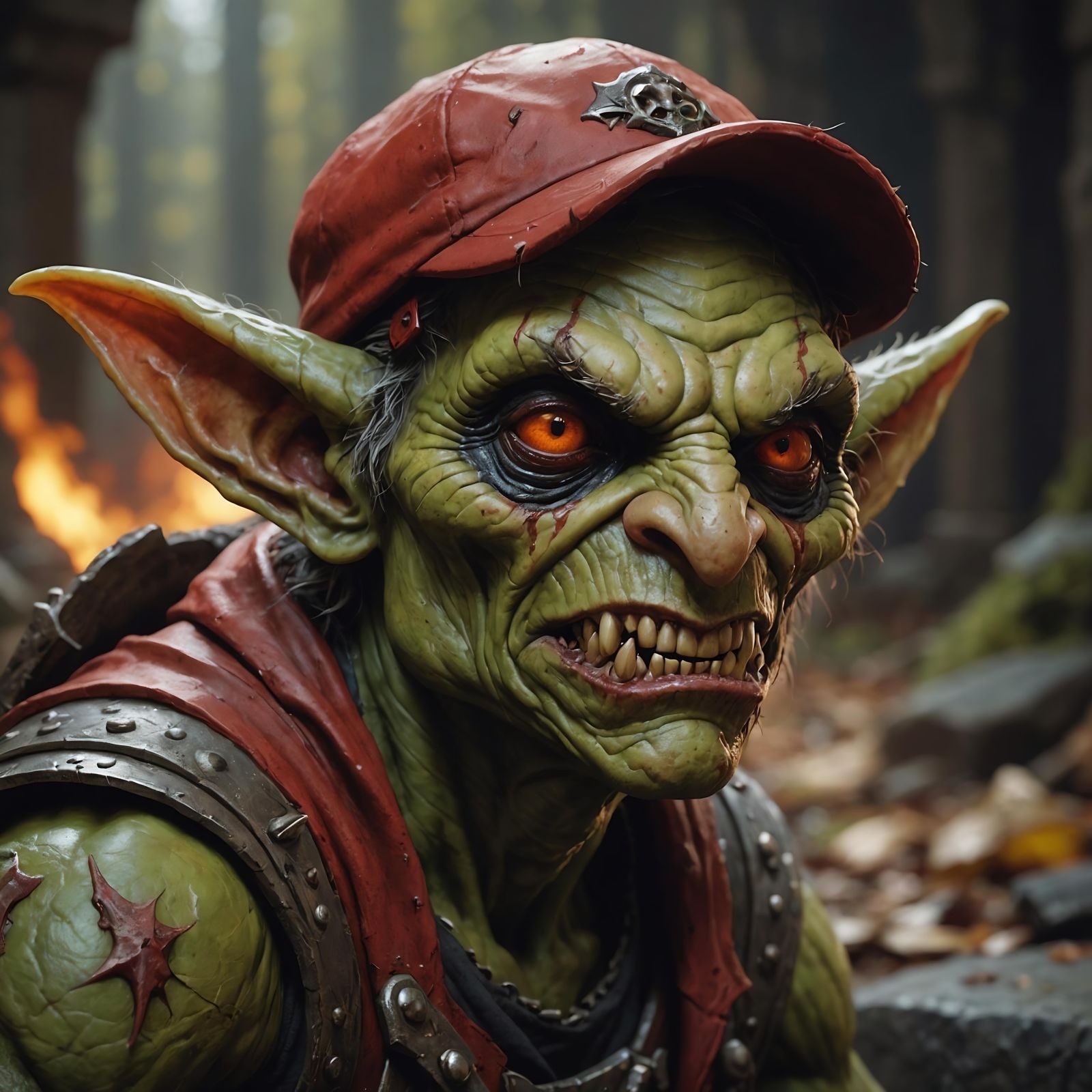 Hyperrealistic Red Cap Goblin in Bloody Scene