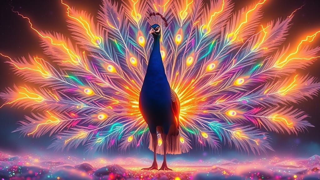 Cosmic Peacock in Ethereal Vastness with Light Rays