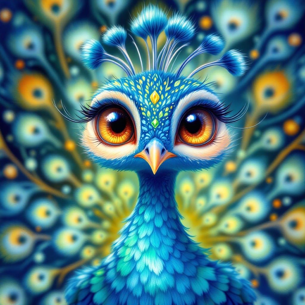 Whimsical Cartoon Peacock with Sparkling Eyes