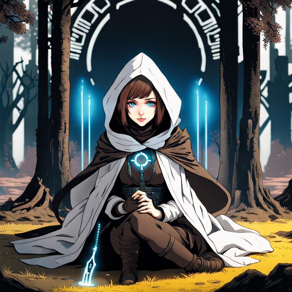 Cyberpunk Pagan Woman at Runic Altar