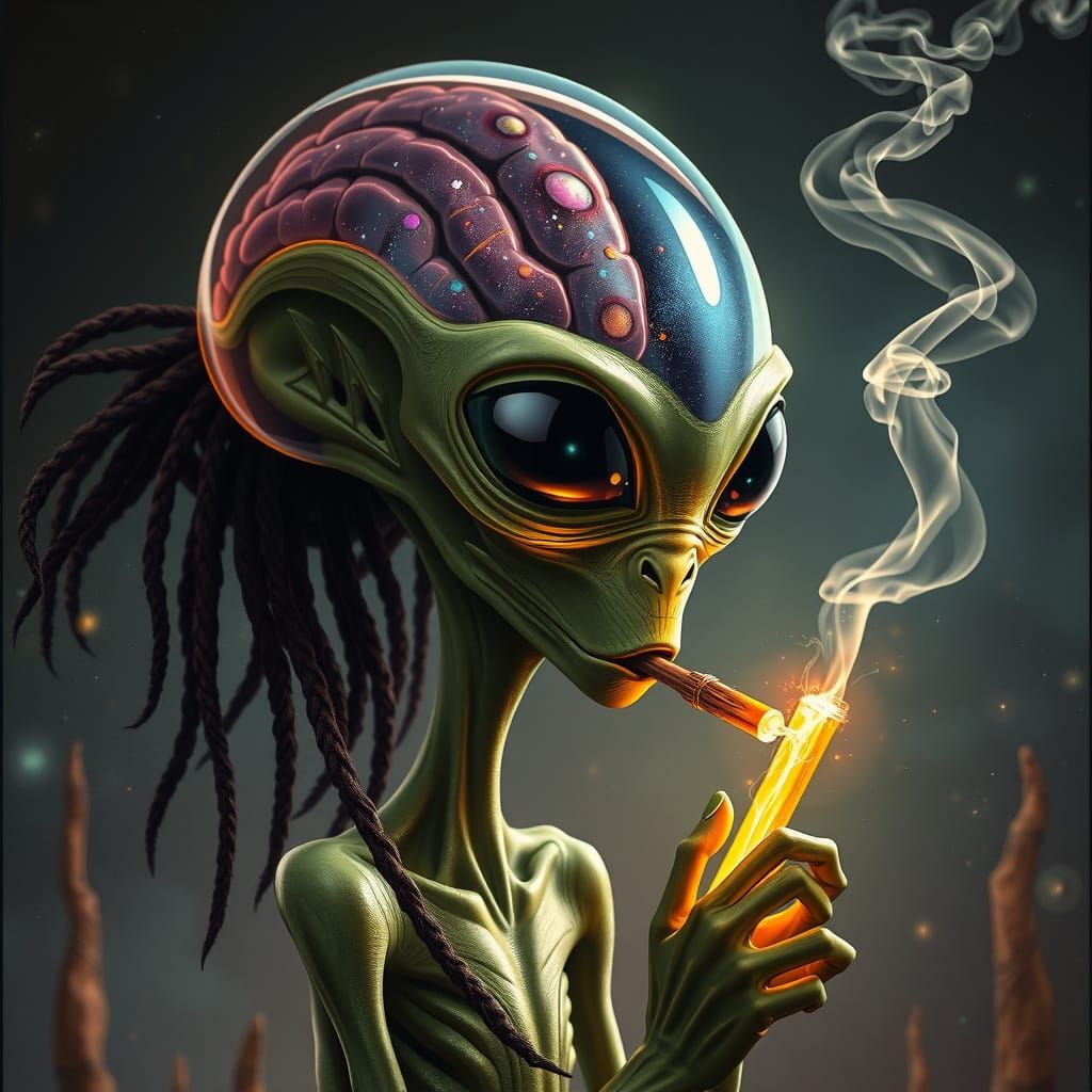 Cosmic Rasta Alien with Iridescent Brain and Dreadlocks