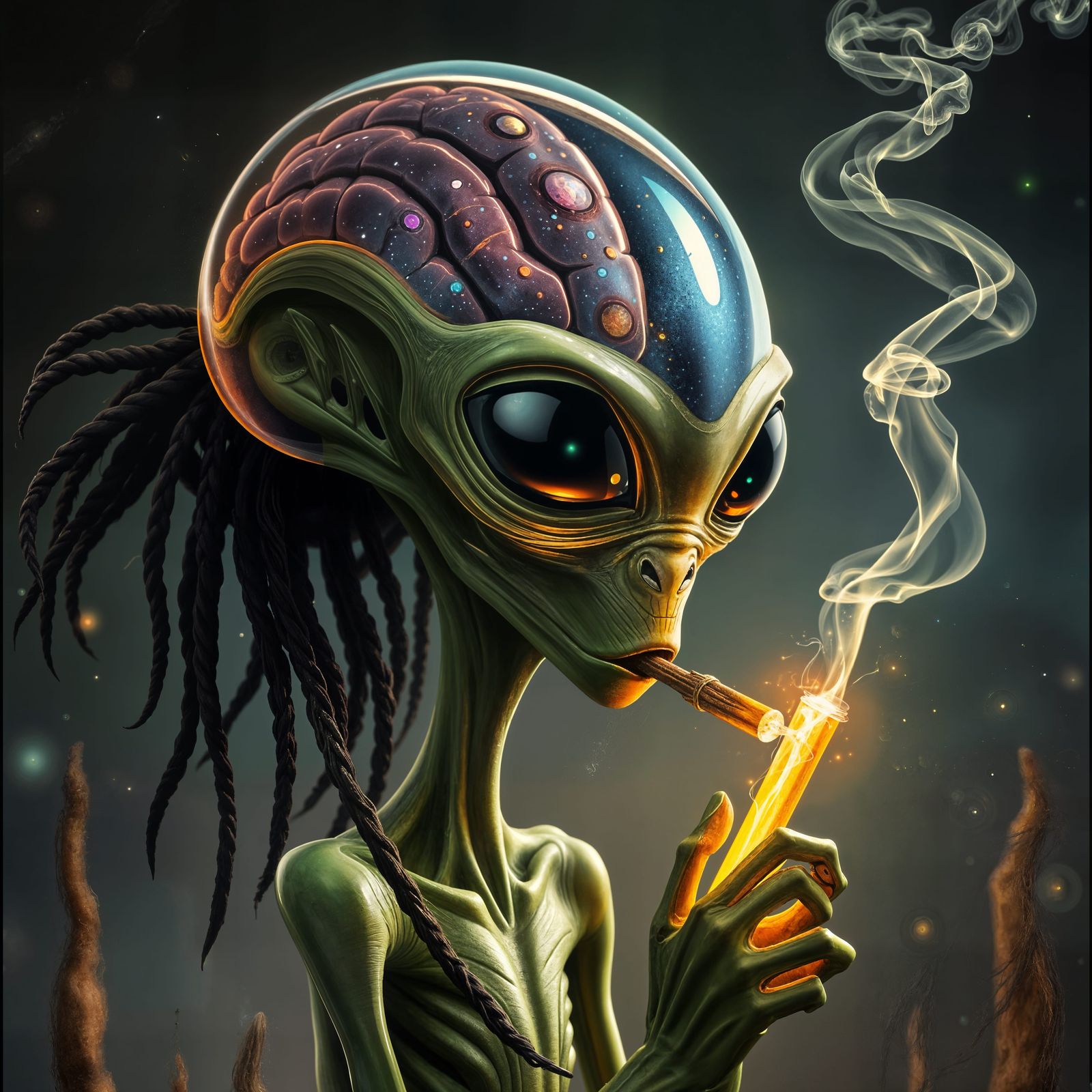 Cosmic Rasta Alien with Iridescent Brain and Dreadlocks