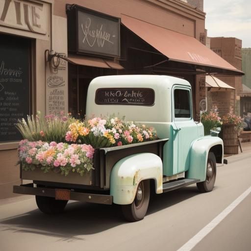 Back of a vintage truck carrying flowers, dine in chalk art