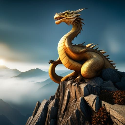 Golden Dragon Over Mountain Fortress in 3D
