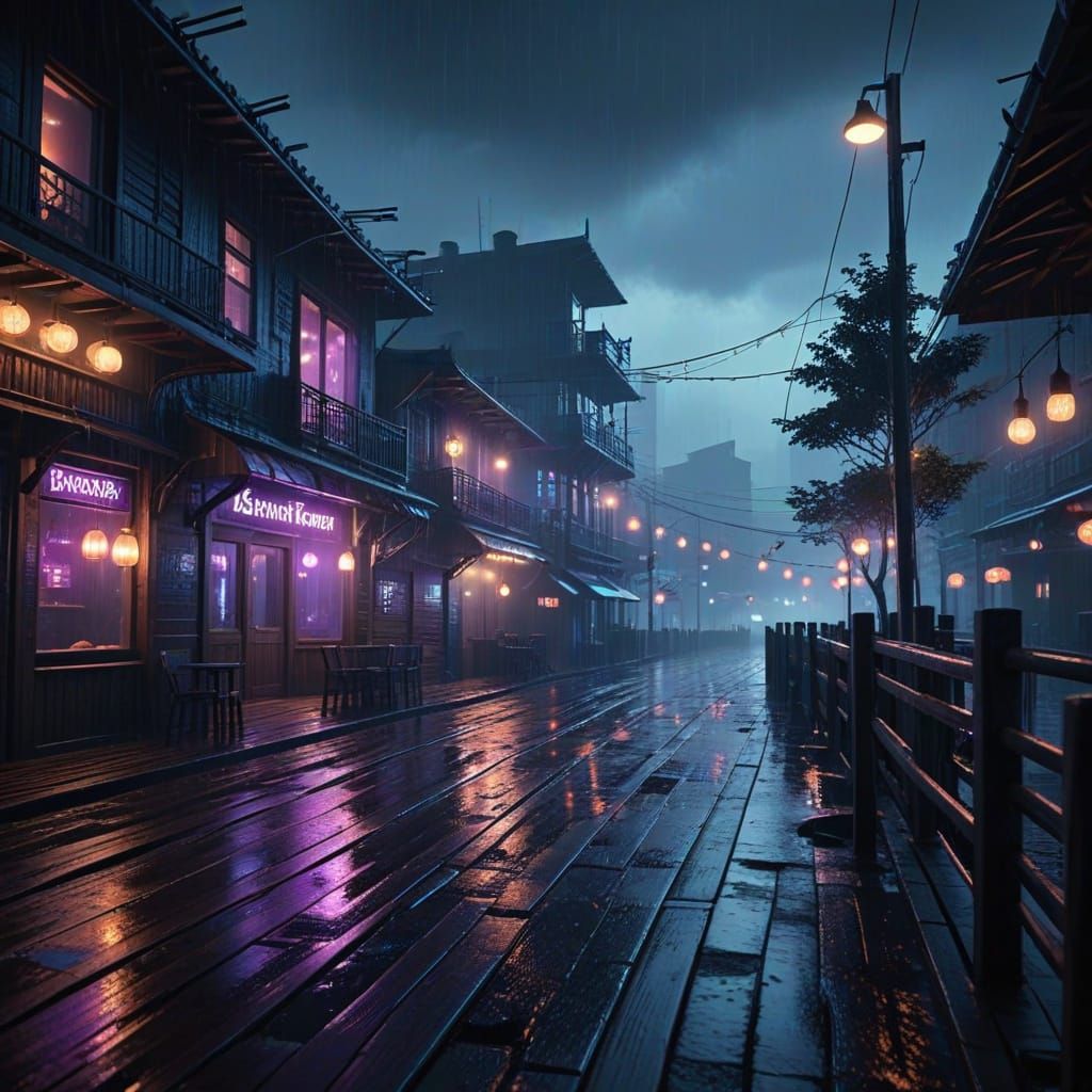 Cyberpunk Seashore Street with Neon Reflections