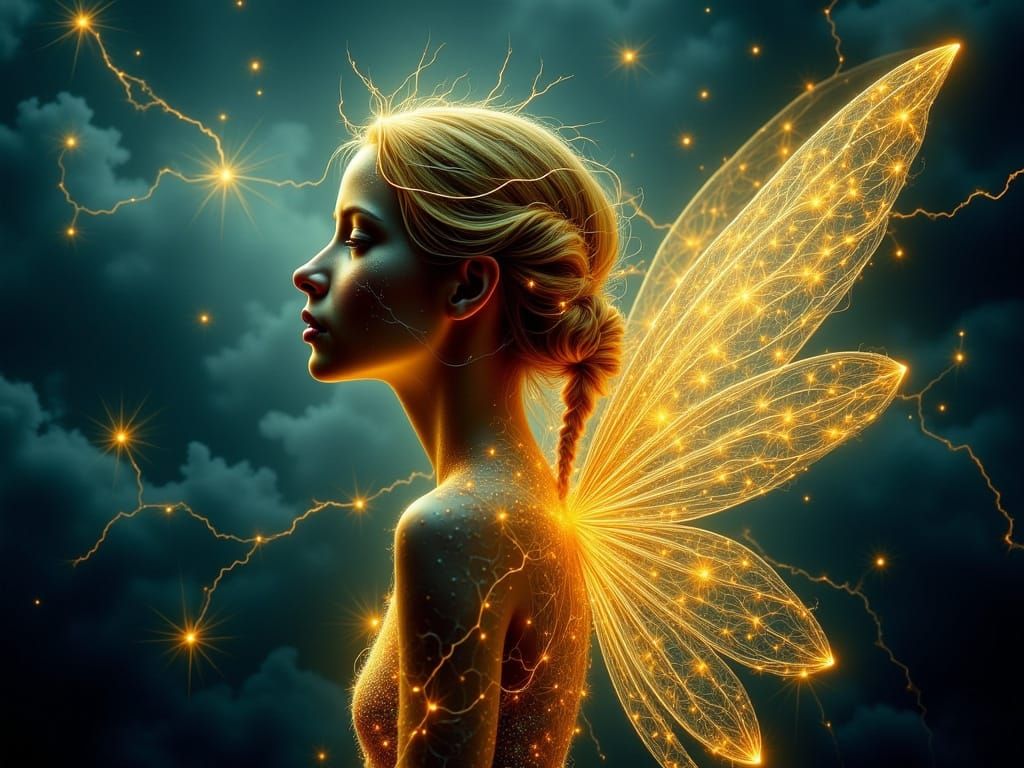 Lightning Fairy with Glowing Wings in Stormy Sky
