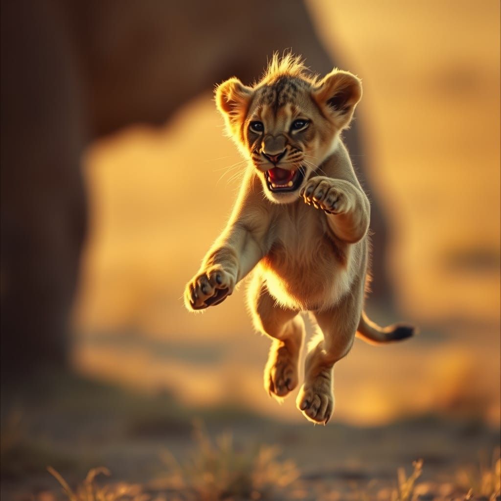 Golden Lion Cub in Mid-Leap, Suspended in Warm Light