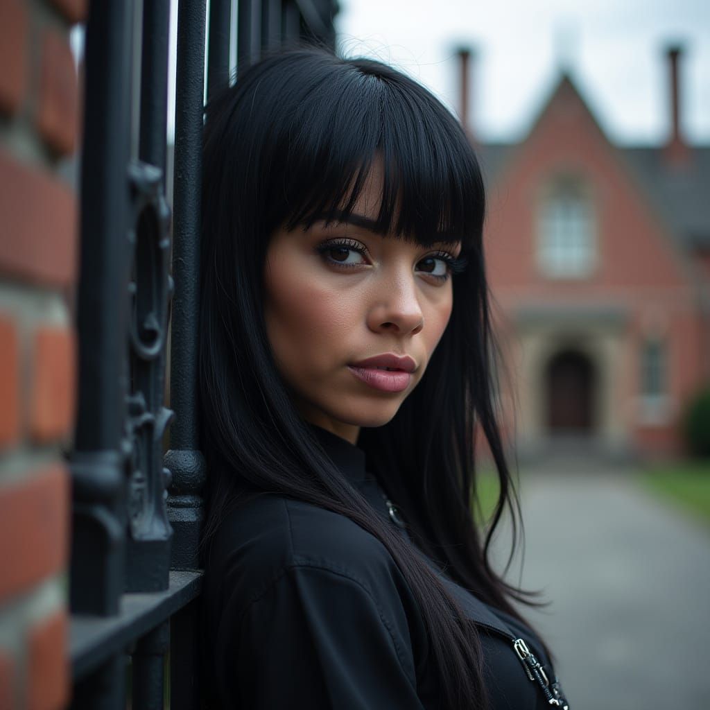 Gothic Punk Woman Leaning on Wrought Iron Gate