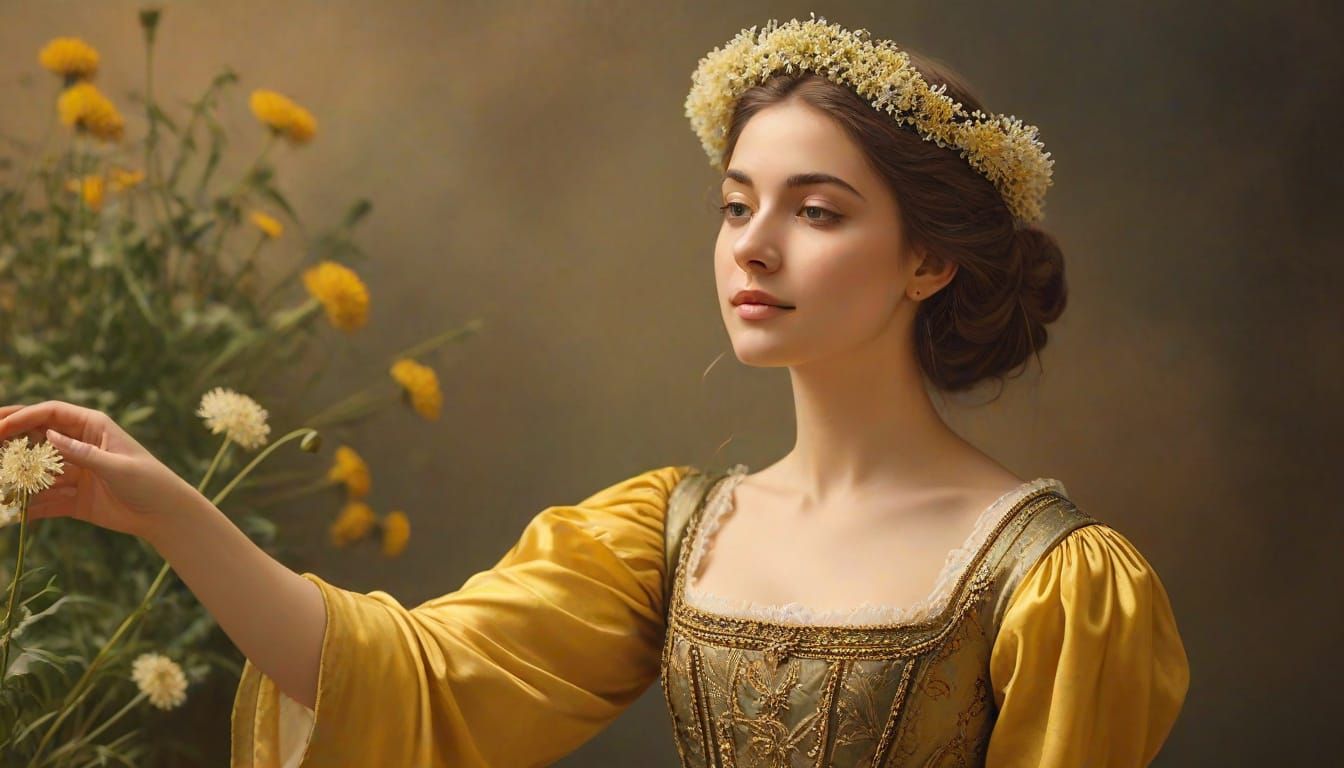 Italian Woman Dancing with Dandelions: Renaissance Oil Paint...