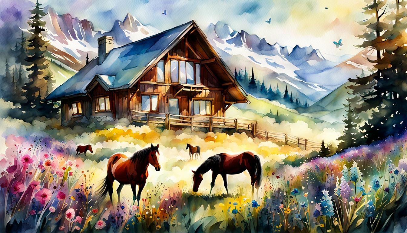 Mountain Cottage in Flower Meadow: Watercolor Illustration