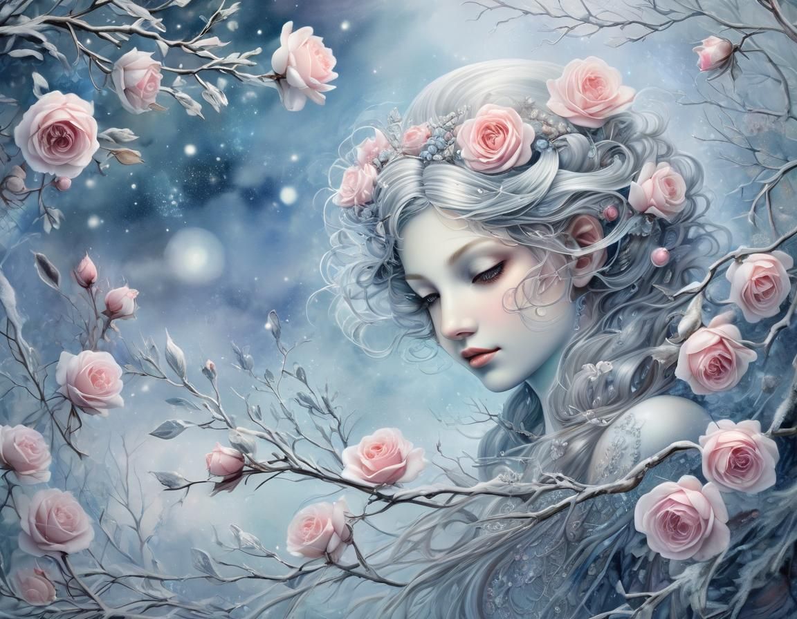 Silver Rose with Snowy Rowan Berries in Watercolor