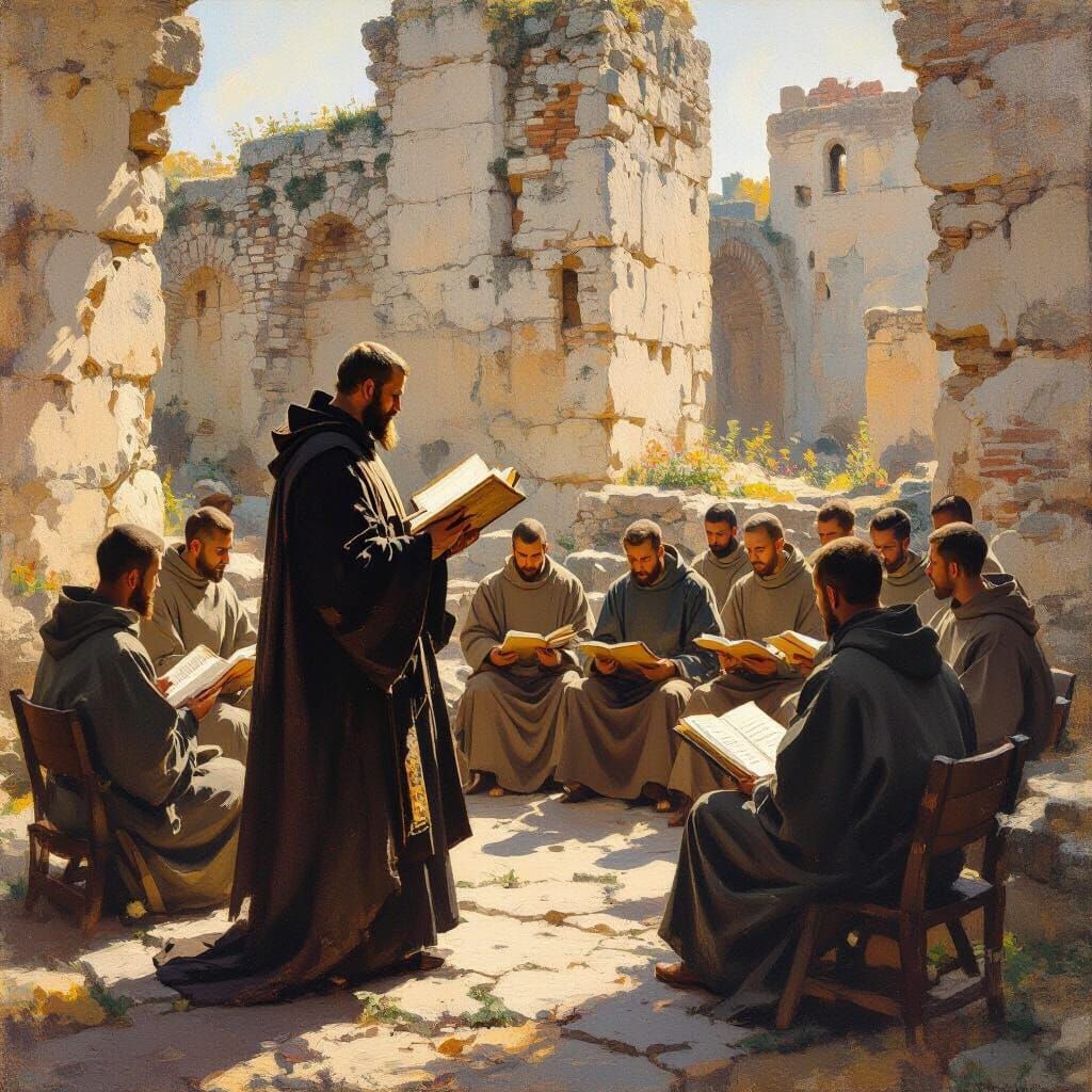 Abbot Teaching Monks Among Roman Ruins: Impressionistic Styl...