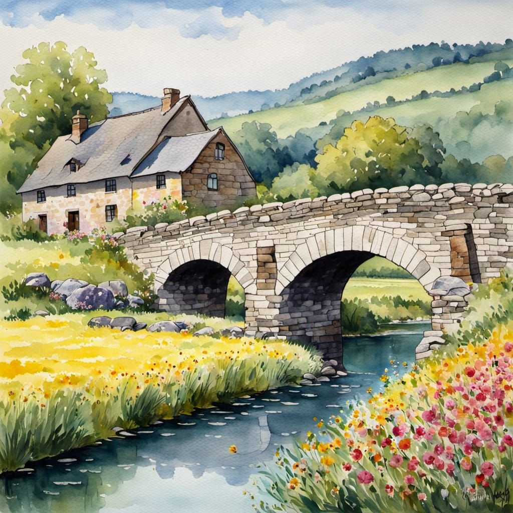 Ancient Stone Bridge Amidst Blooming Fields